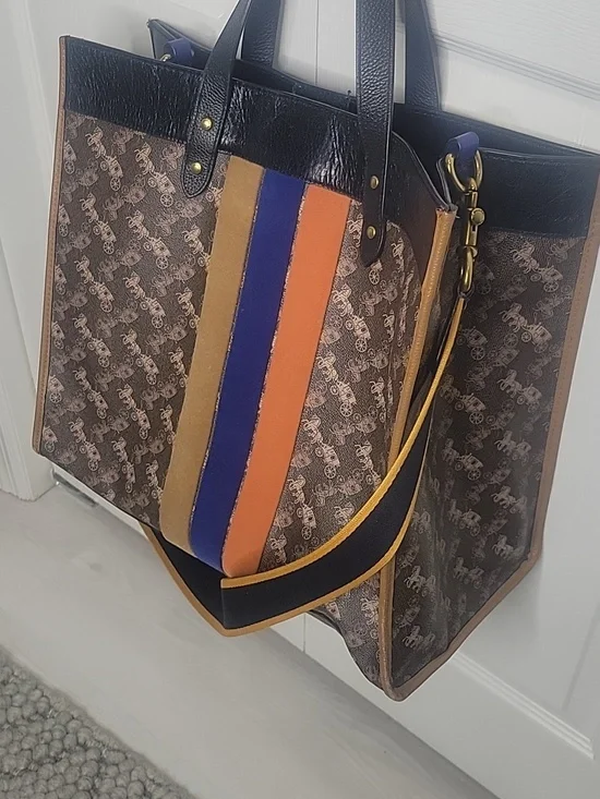 Coach Xtra Large Field Tote Monogram Tote with Blue, Orange & Mustard Stripes - Picture 5 of 12